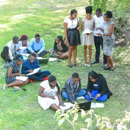 Students studying with open access academic materials outdoors